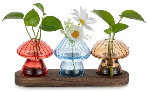 Glasseam Mushroom Propagation Station for Home: Small Glass Vase Set of 3 Plant Terrarium with Wooden Stand - Cute Flower Vases for Decor Indoor Living Room Kitchen Office Table Window