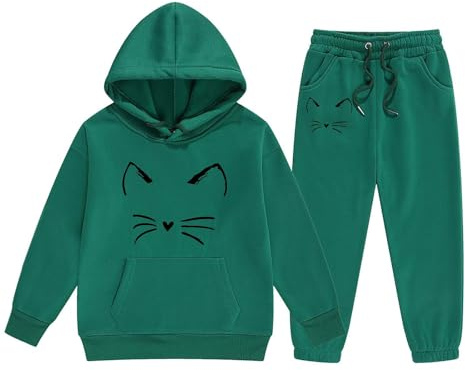 2025 Chándal para niños y niñas, chándal con estampado de gato, manga larga, sudadera con capucha, pantalones de correr, ropa deportiva, juego de 2 piezas, traje casual Hip Pop Streetwear Ropa