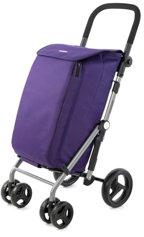 Carlett Lite Duo Lett430 Vikbar shoppingvagn för stormarknad 4 hjul, justerbar styre och säkerhetsbroms 48 l, expanderbar väska, 10 l, termisk väska, lila