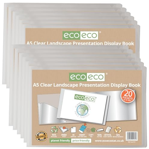 eco-eco Präsentationsmappe, A5, 50% recycelt, 20 Hüllen, transparent, Querformat, Aufbewahrungsetui, Kunstmappe mit Kunststoffhüllen, 12 Stück, eco174 x 12