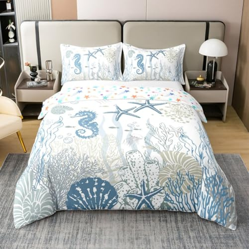 Manfei Summer Ocean Kids Duvet Cover 100% Cotton Single Size,Seahorse Starfish Coral Underwater World Bedding Set,Seaweed Shell Cartoon Sea Blue Comforter Cover,1 Pillowcase(No Comforter)