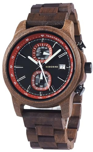 2win Wooden Watch for Men Luxury Chronograph Military Quartz Wrist Watch Date Display Stylish Natural Watch Unique Gift for Him (Red)
