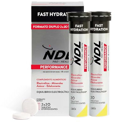 NDL Pro-Health Fast Hydration - Compresse effervescenti a rapida idratazione, elettroliti, sali minerali per lo sport, riduce l'affaticamento e la fatica, gusto limone, confezione da 2, 40 compresse
