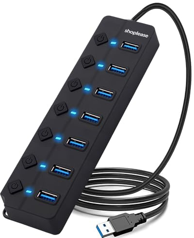 Shoplease Hub USB 3.0 de 7 puertos con interruptores de alimentación individuales y luces, divisor de datos de alta velocidad, concentrador de extensión USB portátil con cable de 1 m para PC, portátil