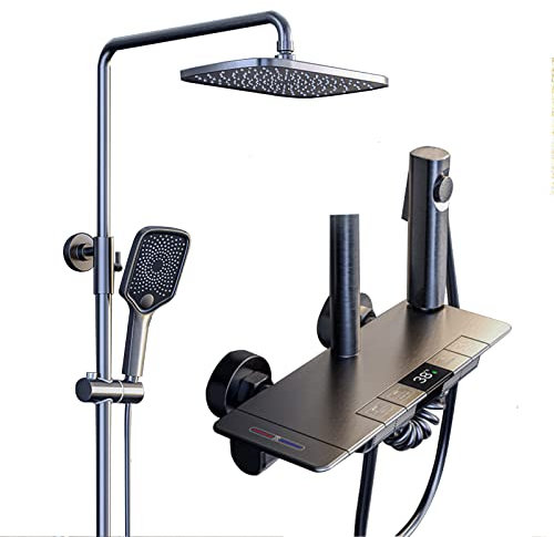 Piano Key Shower Faucet Set Thermostatic Digital Display Exposed Mixer Shower System Wall Mounted Adjustable Shower Combo Set with Rain Shower Head, Hand Shower and Bidet Spray