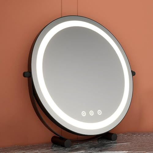Espejo de tocador LED regulable con rotación de 360°, control táctil y función de memoria, iluminación de 3 colores, espejo de maquillaje, 40 x 40 cm, negro, perfecto para belleza y aseo