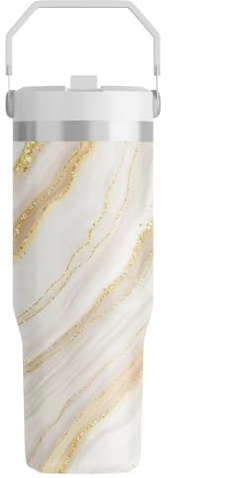 FOLAI Leakproof Flip Water Tumbler,30oz Stainless Steel Hot and Cold Water Bottle with Ergonomic Handle Hours,Ideal for Gym,Car,Beach-Easy to Carry Travel Mug(Marble)