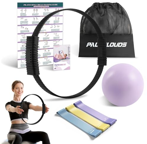 Pilates Ring Set, Pilates Equipment Kit with Magic Circle, Yoga Ball, 3 Bands, Training Poster & Portable Bag, Double Handle Pilates Hoop for Women Home Fitness, Kegel Exercise, Arms & Legs Toning