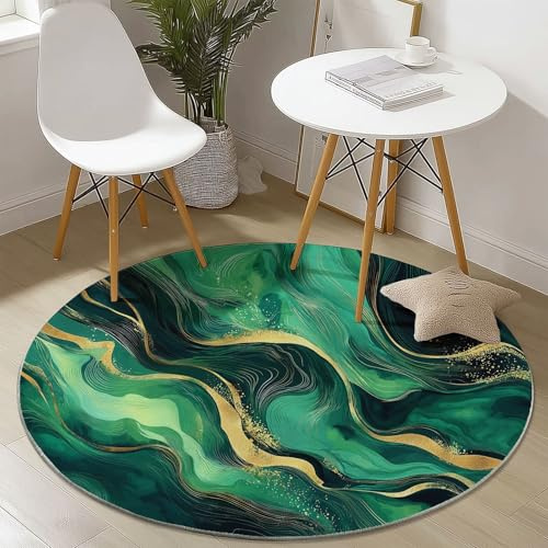 Runder Teppich 140 cm Waschbar, Marmor Optik Grün Gold – Weicher Kurzflor Teppich Rund rutschfest, Abstraktes Design Flanell Wohnzimmerteppich für Schlafzimmer & Esszimmer