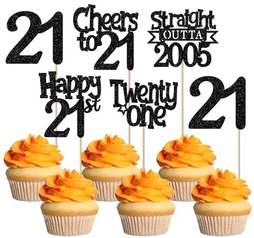 SYKYCTCY 30 Pack Straight Outta 2005 Cupcake Toppers Glitter Black Twenty-One Happy 21st Birthday Cupcake Picks Cheers to 21 Years Cake Decorations for Happy 21st Birthday Anniversary Party Supplies