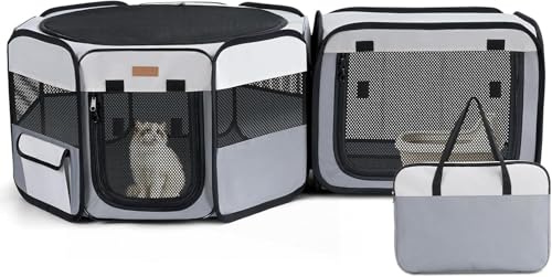 Lekespring 155x48cm Tragbarer 2-in-1 Welpenauslauf Faltbar& Katzenlaufstall | Welpenauslauf für Innen & Außen, Laufstall Hund mit Tragetasche für für Katzen, Welpen und Kleintiere, Separat Nutzba