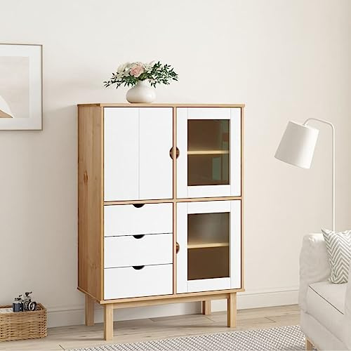 Solid Pine Wood Highboard with Rustic Brown and White Finish, 33.5 x 16.9 x 49.2 Inches, Featuring Three Spacious Drawers and Two Elegant Shelves for Ample Storage