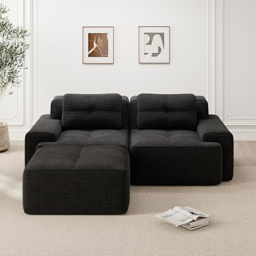 HAUSPROFI Boneless Couch, Modernes L-förmiges Modulsofa für Wohnzimmer mit Tiefem Sitz, Bequemes Cord Sofa mit Schlaffunktion, Cloud-Sofa mit Ottoman, Getuftetes Schlafsofa 200 cm Breit, Schwarz