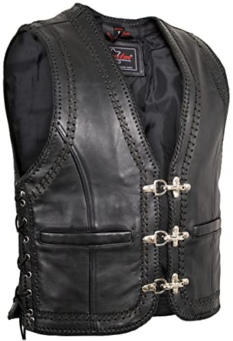MDM Herren Lederweste Doppelte Kordeln als Umrandung, schwarz, Schnallen Verschluss (Gr. XL)
