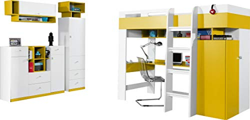FurnitureByJDM Hochbett/Etagenbett, Zusammensetzung MOBI System 20 mit Schreibtisch und Kleiderschrank. Kinder Möbel-Set. (Weiß/Gelb)