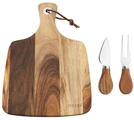 hecef Cheese Board set of 3,a Acacia Wood Cheese Plate, a Knife, a Fork, Charcuterie Board Platter Slate Serving Set for Appetizer Birthdays, Weddings, Housewarming (Cheese board with 2 knives)