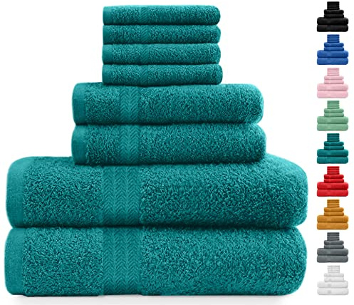 Midland Bedding 8 Piece Bale Towel Set, Cotton Towels Set - 4 Wash Cloths/Face Towels, 2 Bath Towels and 2 Hand Towels for Bathroom. 400 GSM Thread Count (Teal)