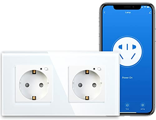 BSEED Double prise Schuko intelligente en verre, avec WiFi, 16 A, 2 voies, 157 mm, encastrée, contrôle par application, compatible avec Alexa, DIY Free Spin, 2,4 GHz seulement (blanc)