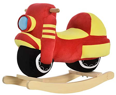HOMCOM Caballo balancín para niños de 18 a 36 meses con forma de moto, Caballo infantil de madera y peluche, sonidos realistas, Max. 40kg, Rojo y Amarillo