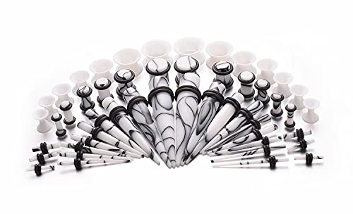 vogem 50Pcs Ear Stretching Kit Marble Pattern Acrylic Ear Taper Kit and Silicone Tunnel Ear Expander Set 14G-00G/1.6mm-12mm Body Piercing Jewelry