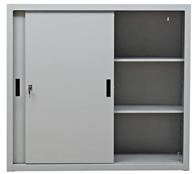 Schrank & Stuhl Aktenschrank | Schiebetürenschrank | Büroschrank mit höhenverstellbaren Fachböden, 109x120x45 cm, Grau
