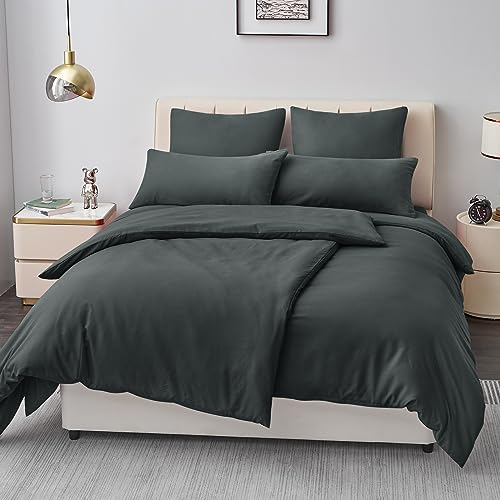 Aisbo Bettwäsche 135x200 4teilig Grau - Mikrofaser Bettwäsche-Sets Anthrazit mit Reißverschluss, ÖKO-TEX Bettbezug 135 x 200 cm 4tlg mit Kissenbezug 40x80 cm, Weich und Bügelfrei