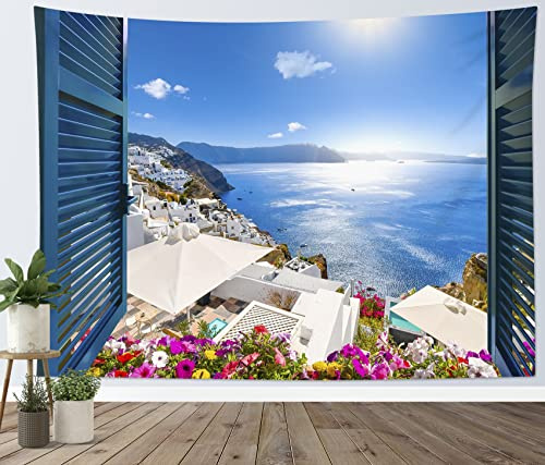 LB Insel Wandteppich Griechische Meer Landschaft Wandtuch Blauer Ozean und bunte Blumen Wandbehang Europäischer Stil Tapisserie für Wohnzimmer Schlafzimmer Wohnheim Wanddeko,150x100cm