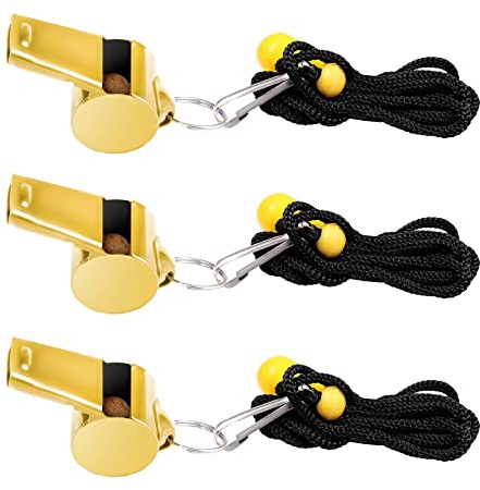 SAVITA 3pcs Sifflets en Acier Inoxydable, Super Fort Sifflet Métal Sifflet de Sport avec Cordon pour Activités de Plein Air Cours d'Éducation Physique Entraîneurs Arbitres Urgence Survie (Doré)