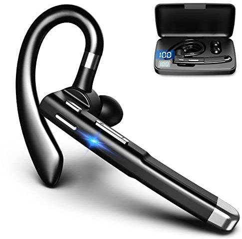 KKPLZZ YYK-520 Bluetooth Headset, Single-Ear Wireless Earpiece with Battery Display Charging Case, Noise Cancelling Bluetooth Earphone for Driving Office Business