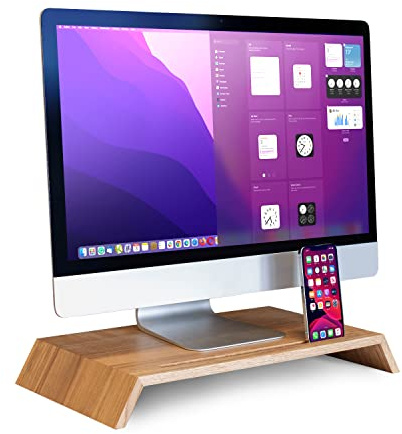 Rikmani Monitorständer, PC Bildschirmständer aus Eiche, Holzständer Computer Standhalter Massivholz, Schreibtischaufsatz für Haushalt und Büro (Stand-Ablage)