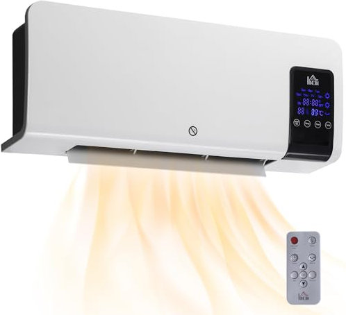 HOMCOM Calefactor Eléctrico Bajo Consumo, 1000/2000W, Calefactor de Baño de Pared con Función de Oscilación, Pantalla LED, Protección contra Sobrecalentamiento, Temporizador, Mando para 15-20m² Blanco