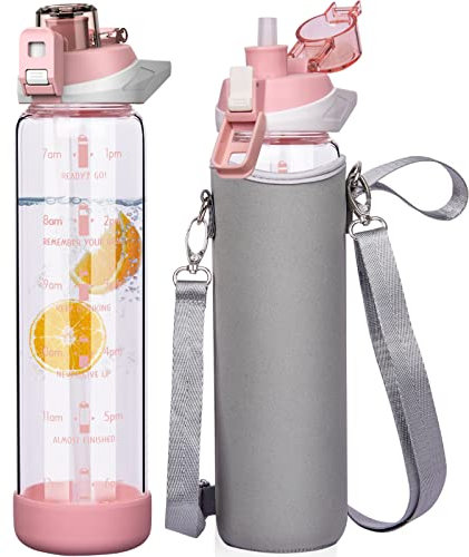 Seekua 1 litro grande Borraccia Vetro Motivazionale con Cannuccia & Orari per Bere 1l sportivo Bottiglia Acqua Vetro Per Smoothie, Frutta