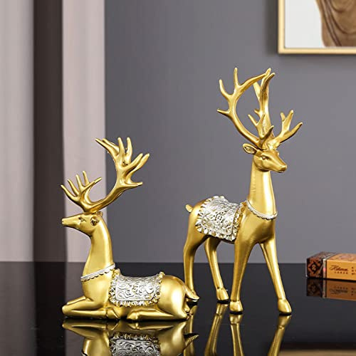 BZHIB 2 Piezas De Figuritas De Reno De Navidad, Escultura De Resina De Reno De Pie Y Sentado,decoración para Decoraciones De Navidad, Suministros De Recuerdo De Fiesta,Gold