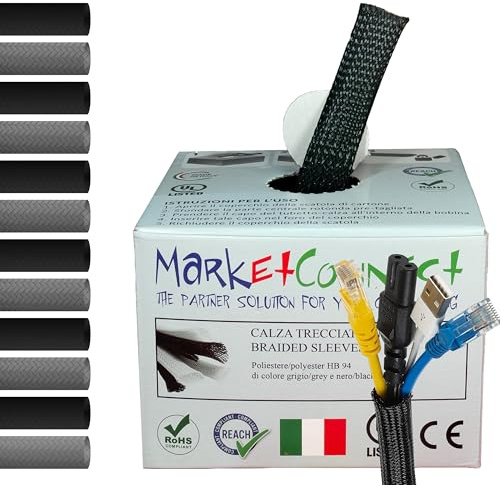 MarketConnect® Guaina Cavi Espandibile Ø 10mm, L 30mt • Raccogli e Nascondi Cavi • Ideale per Scrivania e TV • NERO • INDUSTRIALE SMALL
