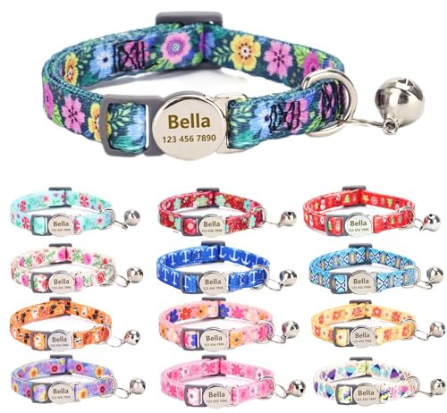 Moonpet Personalisiertes Katzenhalsband mit Namen und Telefonnummer, Katzenhalsband mit Sicherheitsverschluss und glöckchen-Dunkle Blume