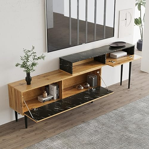 Tcewhhy Moderner TV-Ständer Mit Marmor Und Holzmaserungsdesign TV-Schrank Fernsehtisch PVC-Kante Eisenbeinen TV Lowboard Sideboard TV-Panel Für Wohnzimmer Dunkle Holzfarbe