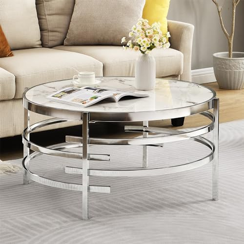LifeSky Runder Couchtisch aus gesintertem Stein, 81,3 cm, runder Couchtisch mit Metallrahmen, moderner runder Couchtisch für Wohnzimmer, Silber