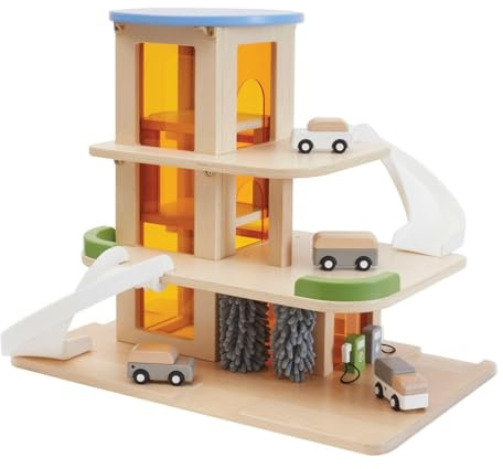 Kaplan Early Learning Wooden Parking Garage - Features Car Wash, Gas Pump, Charging Stations, Ramps, and Elevator - Enhance Block Play and Encourage Dramatic Play for Toddlers and Kids, Ages 3+