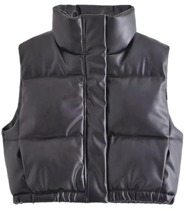 Ornrjfll Gilet court en polyuréthane chaud sans manches pour femme Automne Hiver, Noir , M