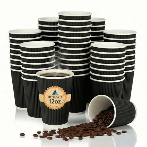 Nationwide Paper 12oz (355ml) Disposable Hot Drink Cups Black Triple Wall Ripple Paper Cups for Takeaway Coffee, Tea, Latte & Cappuccino, Insulated Catering Size (Pack of 50)