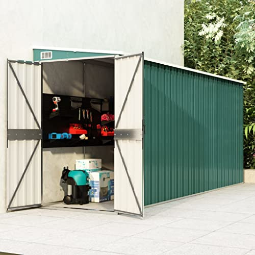 Willood Anbauschuppen Wand Geräteschuppen Kunststoffgriff mit Sperrfunktion Gerätehaus Gartenhaus Gartenschuppen Schuppen Grün 118x382x178 cm Verzinkter Stahl