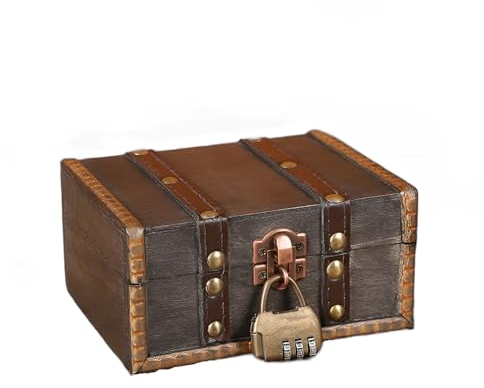 ACONDE Vintage Holz Piraten Schatztruhe, 15 x 7,5 x 12 cm, Schatztruhe mit Zahlenschloss, Holz Aufbewahrung Schatzkiste, für Aufbewahren und Dekorieren, Geschenke