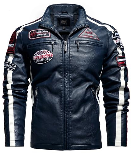 PIIBON | Chaqueta para Hombre de Piel sintética. Cazadora de Cuero sintético estilo Motero. Moda Casual de Cuero Vegano. Biker - Motociclista. (FR/ES, Letras, L, Regular, Regular, Azul - Navy)