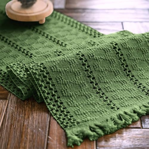 Weldomcor Makramee Baumwollflachs Mesh Tischläufer Grün 30x180cm | Rechteckige Abwaschbar Tischläufer mit Quasten, Boho Vintage Bauernhaus, Ideal für Küche Hochzeit Esszimmer Weihnachtsdeko