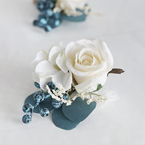 Nvzi 22,9 cm weißer kaskadierender Brautstrauß, Wasserfall-Hochzeitsblume, Rosen-Pfingstrosen-Brautstrauß mit Eukalyptus für Tafelaufsatz, Party und Hochzeit (Boutonniere)