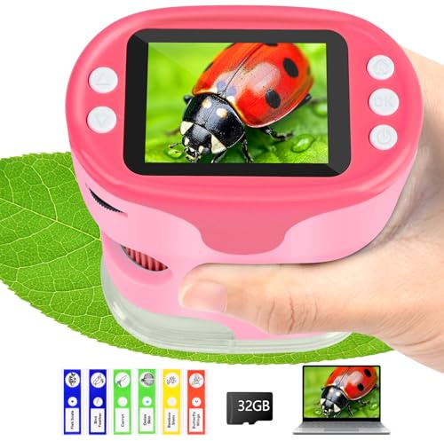 Mikroskop für Kinder, Vankarr 1000X Digitale Taschenmikroskop Tragbares Mini Handy Mikroskope mit 32GB SD-Karte, 2-Zoll-IPS-Bildschirm, Objektträgerproben, Geschenk für Kinder Studenten, Rosa