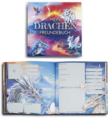 „Mein Drachen Freundebuch“ Ausfüllbuch für Jungen und Mädchen – Freundschaftsbuch für Kindergarten oder Grundschule - Geschenk zur Einschulung - Schulfreundebuch zum Ausfüllen im Drachen Design