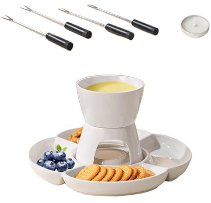Juego de fondue de queso, set de fabricación de fondue - Calentador de chocolate derretido de cerámica con tenedor y bandeja para sumergirse, juego de crisol de chocolate para noches de cine y juegos