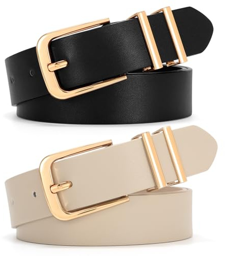 VONMELLI Damen Gürtel 2 Stück–Schmaler 2.5cm Ledergürtel mit Goldschnalle für Jeans Kleider & Business Outfit(Schwarz/Braun)