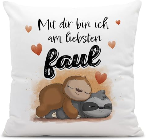 Tassenbrennerei Faultier Kissen - Mit dir Bin ich am liebsten faul - Liebeskissen mit Spruch Ich Liebe Dich - Geschenk für Freund, Freundin zum Geburtstag, Jahrestag, Valentinstag für Frauen & Männer